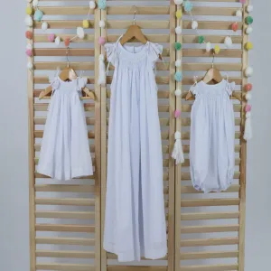 Pastel White  Matching  Sisters Dress,  Bubble Romper Baby Girl, Flower Girl Dress, Hand Made Smocked Dresses, Bishop Dress.