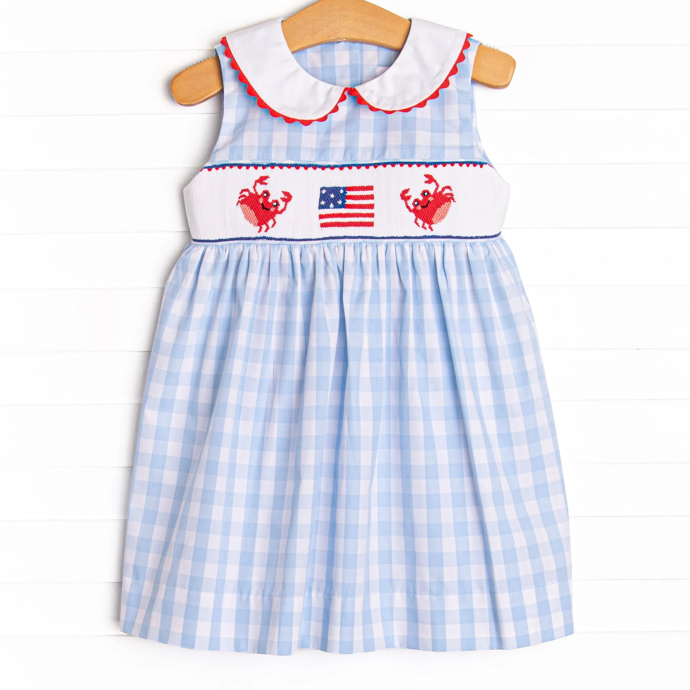 Patriotic Pinchers Smocked Dress, Blue