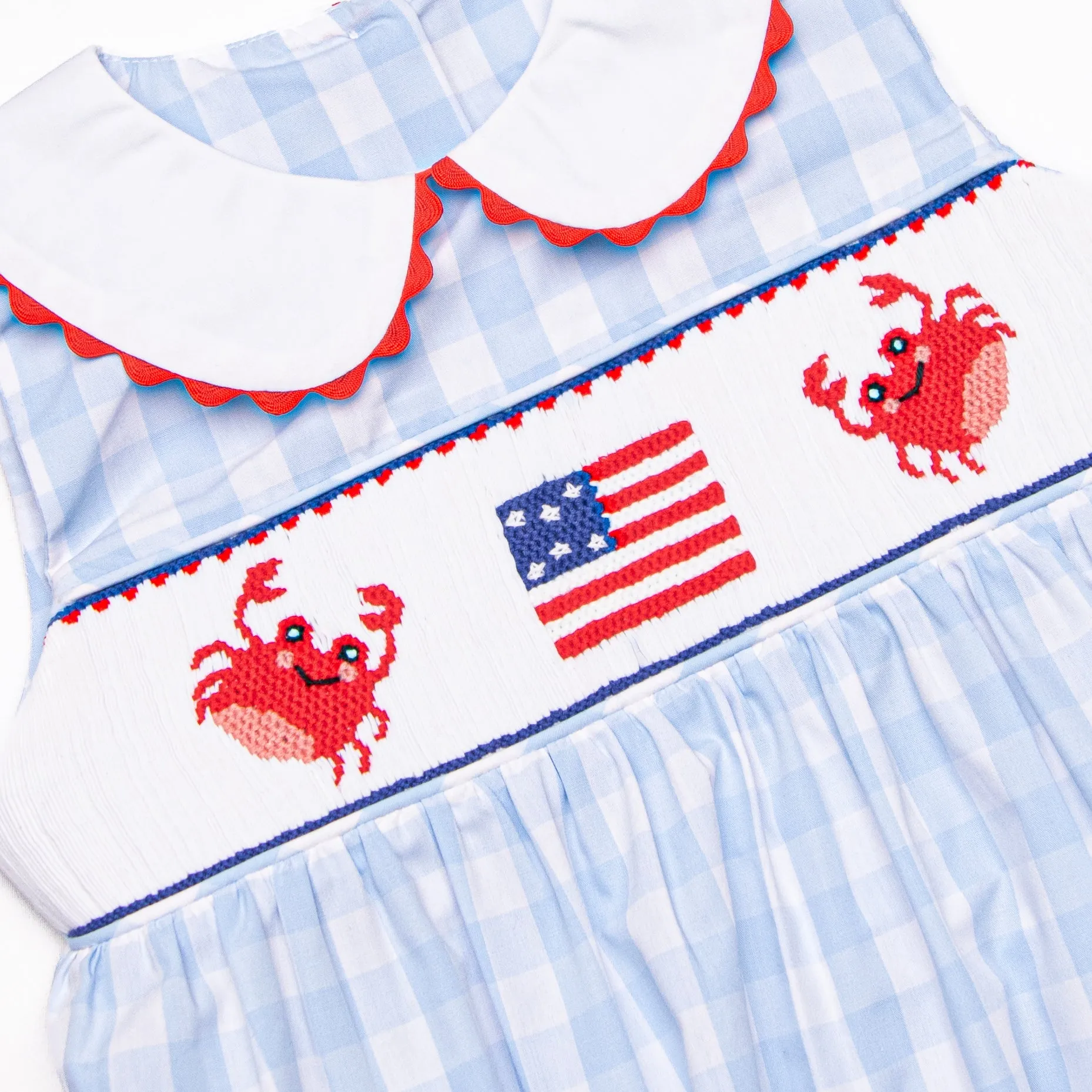 Patriotic Pinchers Smocked Dress, Blue
