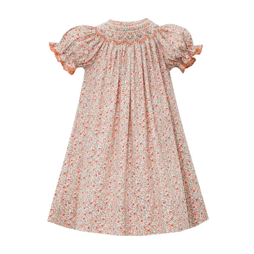 Petit Bebe Girls Orange Tiny Floral Smocked Dress