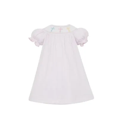 Petit Bebe: GIRLS PINK STRIPED KNIT SMOCKED CROSSES BISHOP DRESS