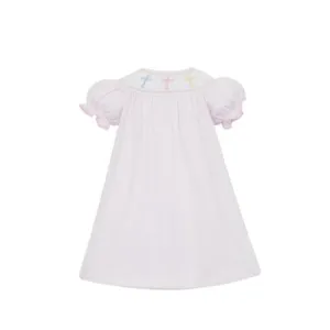 Petit Bebe: GIRLS PINK STRIPED KNIT SMOCKED CROSSES BISHOP DRESS