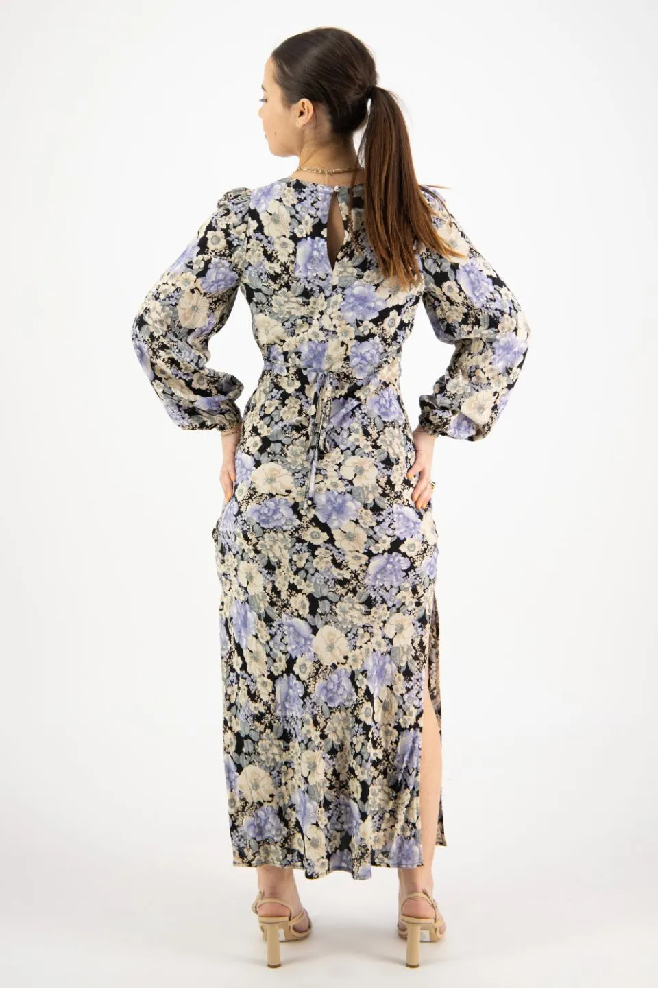 Phoenix Large Black Floral LS Balloon Sleeve Panel Bodice Bias Midi Slip Dress