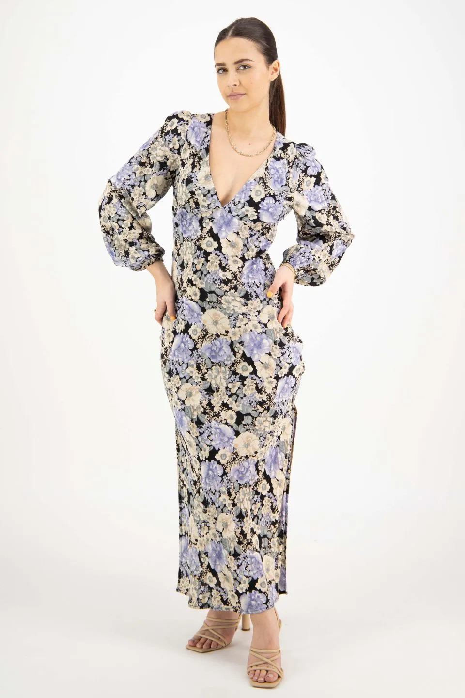 Phoenix Large Black Floral LS Balloon Sleeve Panel Bodice Bias Midi Slip Dress