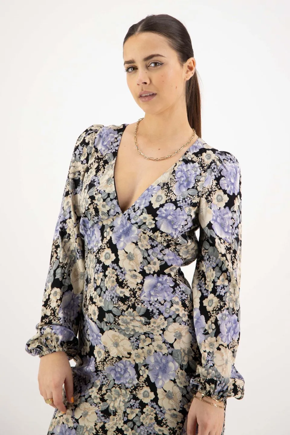 Phoenix Large Black Floral LS Balloon Sleeve Panel Bodice Bias Midi Slip Dress
