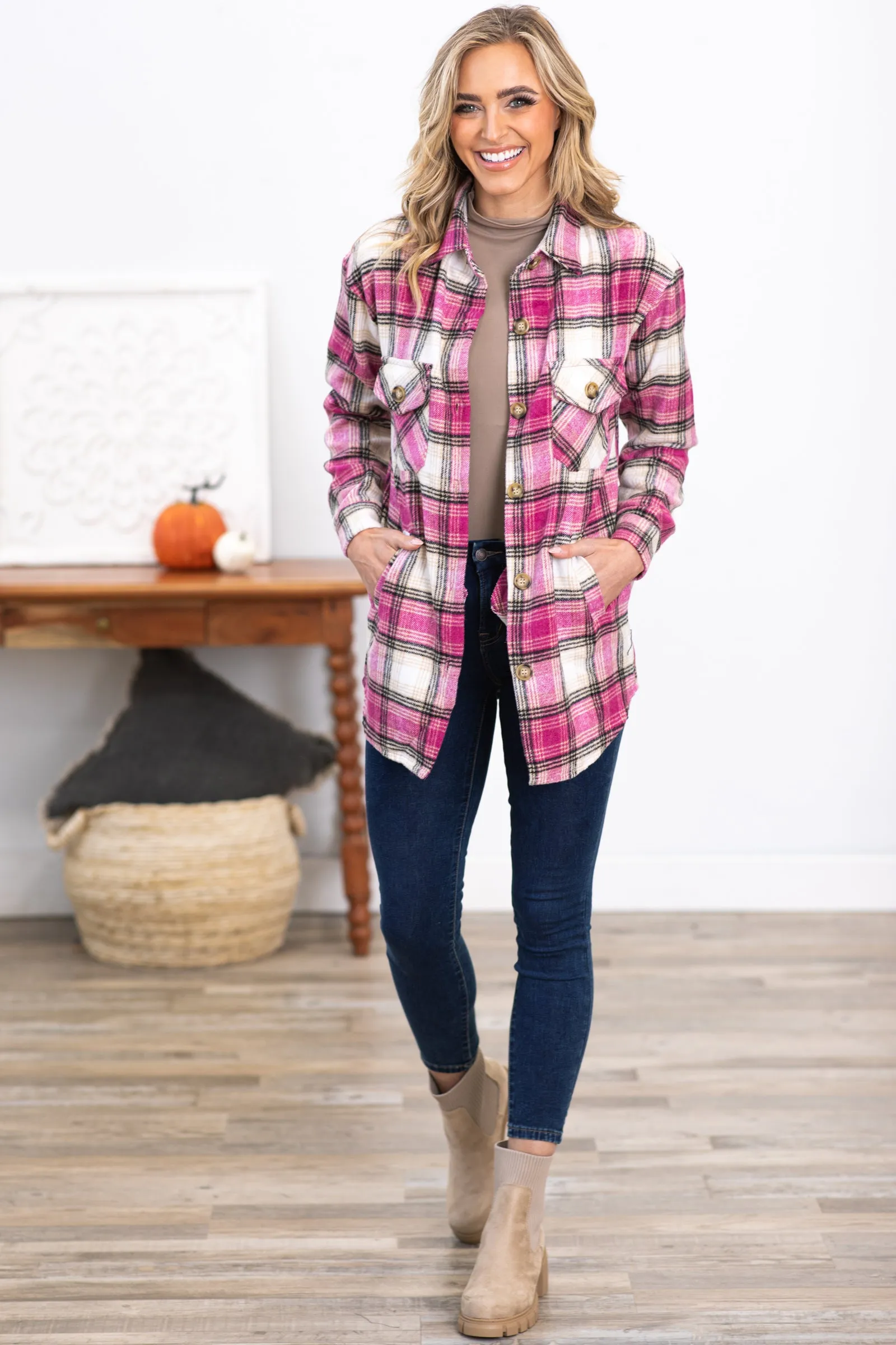 Pink and Off White Plaid Shacket With Pockets