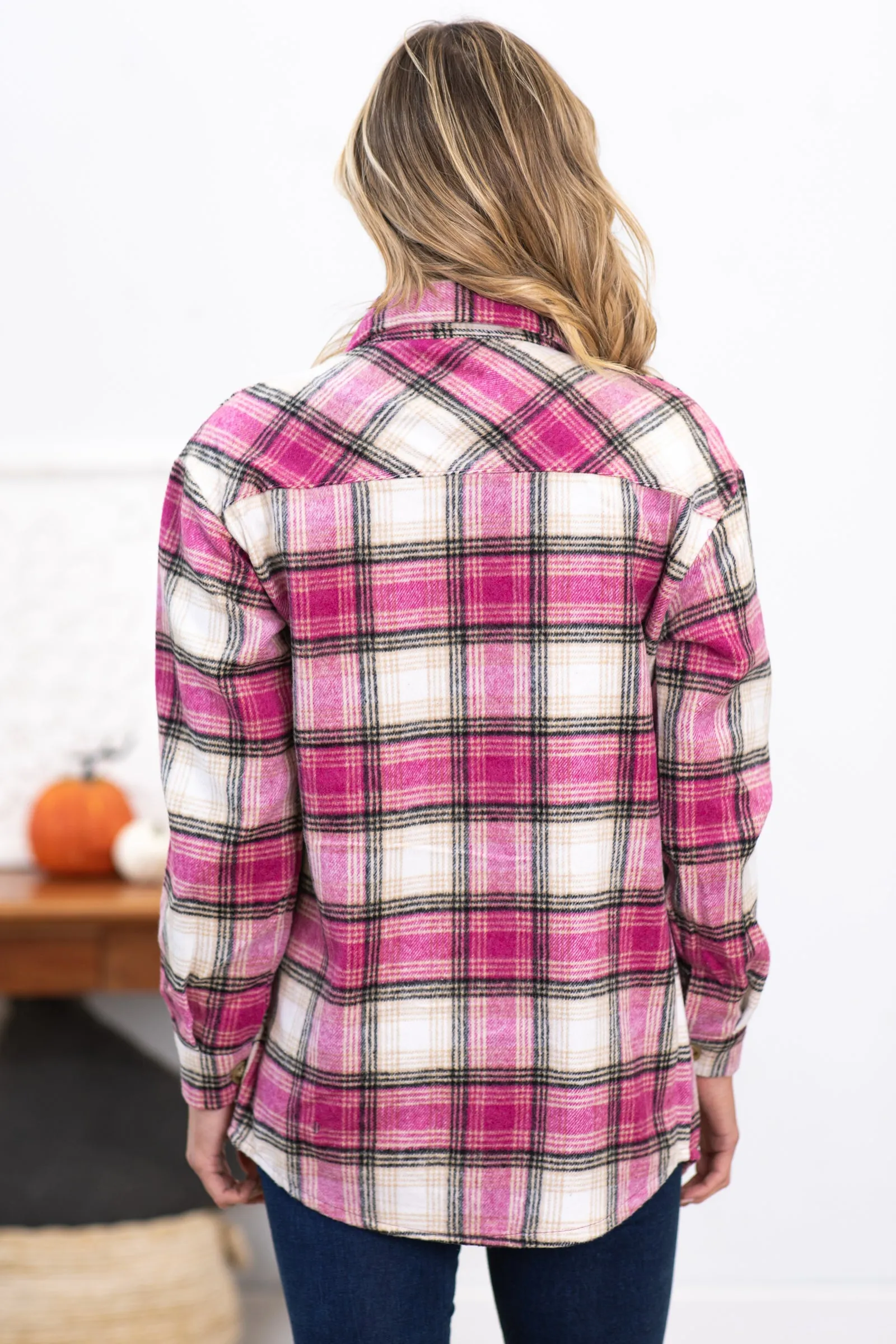 Pink and Off White Plaid Shacket With Pockets