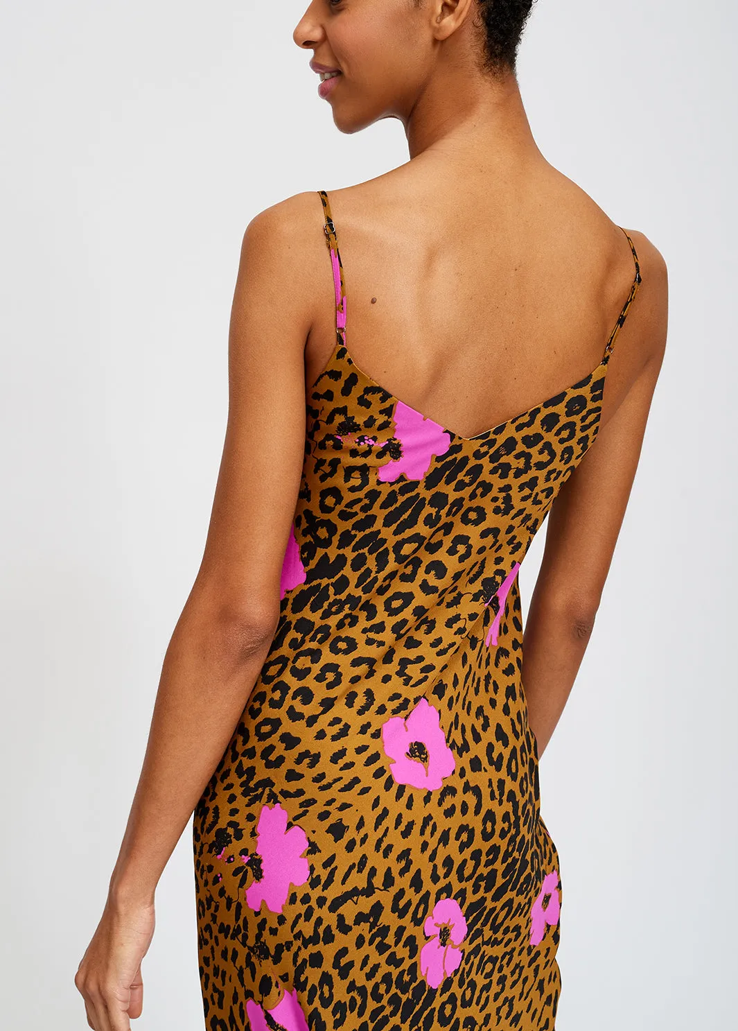 Pink flowers and leopard print midi slip dress