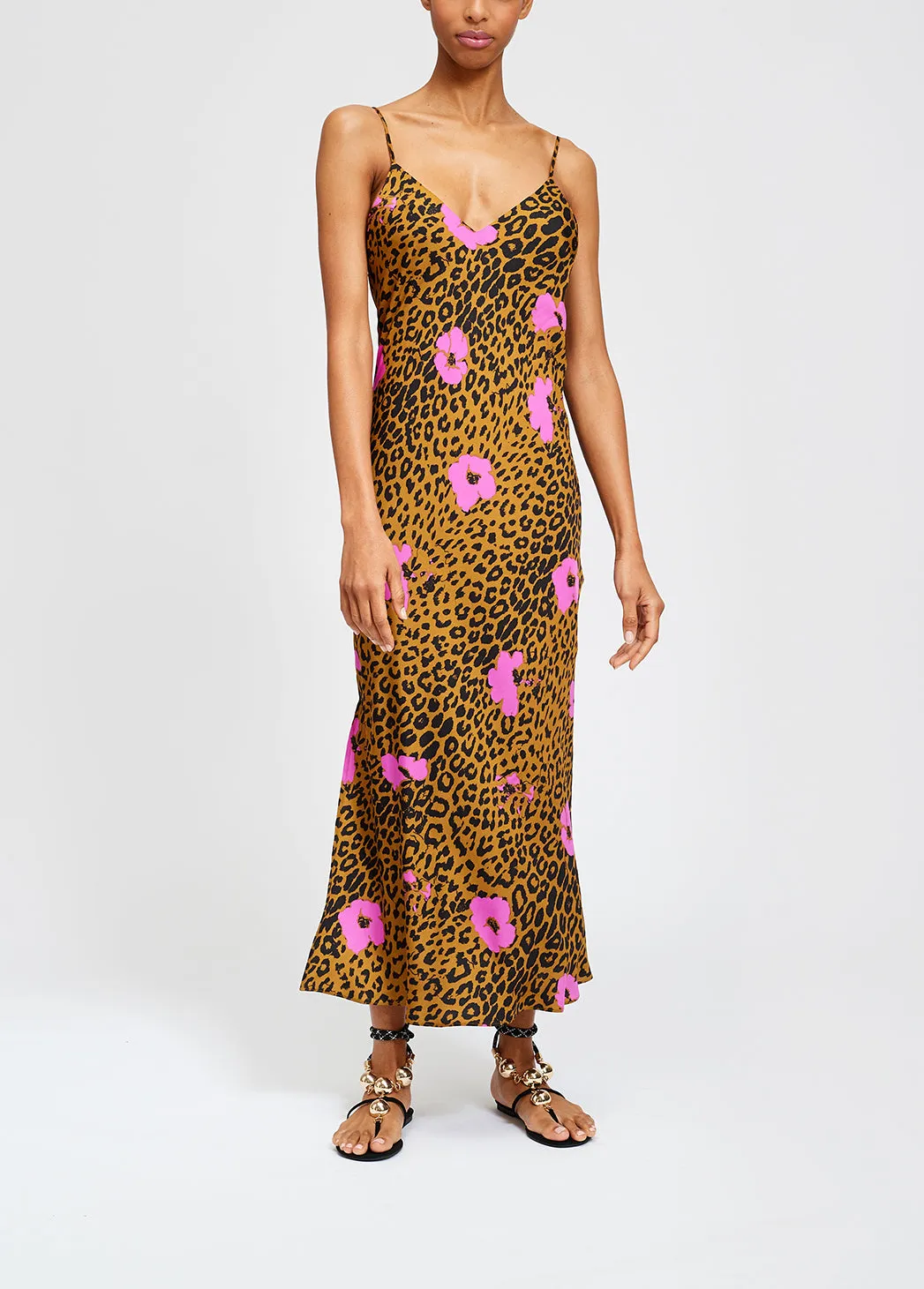Pink flowers and leopard print midi slip dress