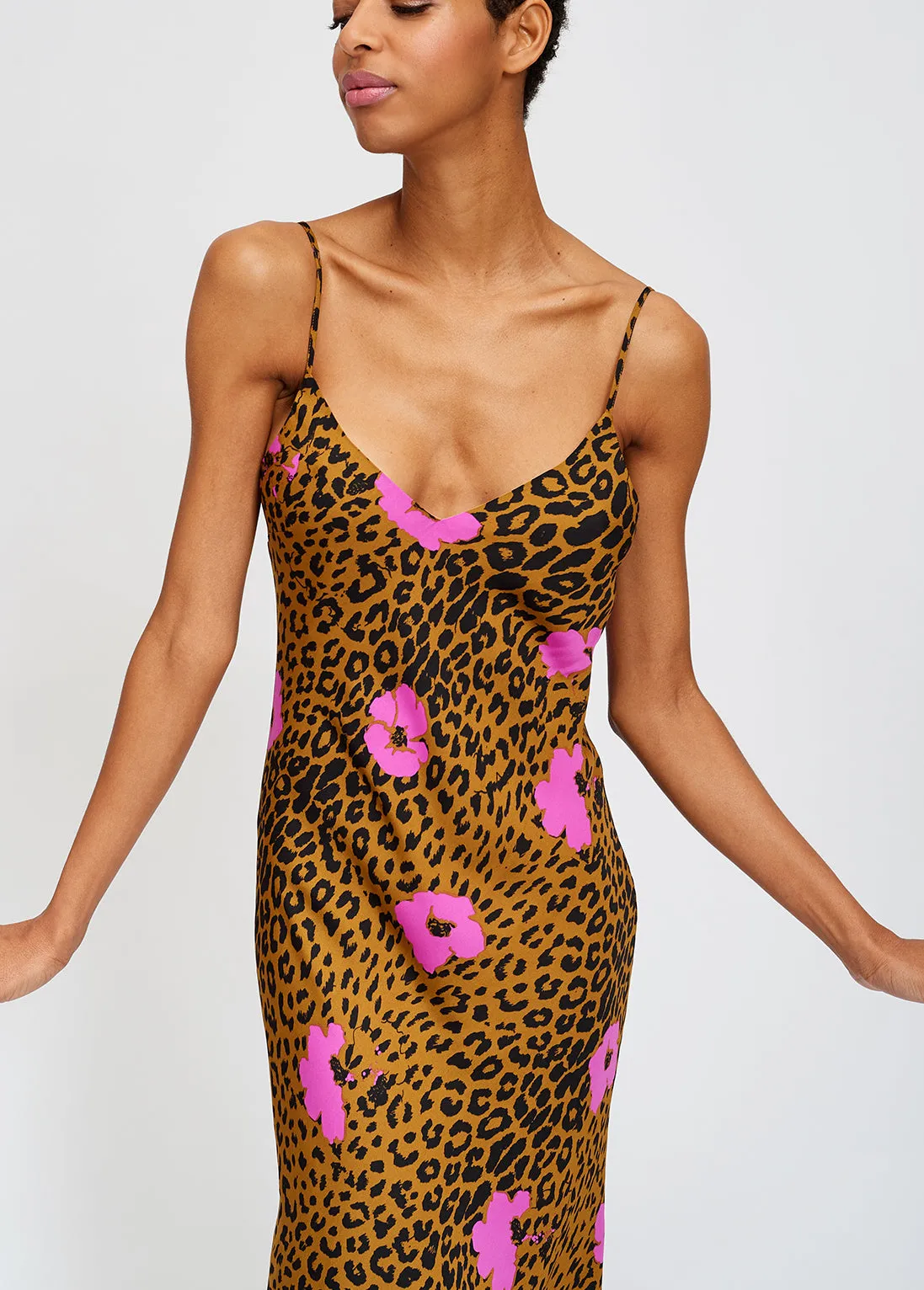 Pink flowers and leopard print midi slip dress