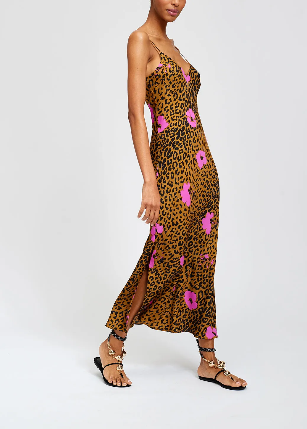Pink flowers and leopard print midi slip dress
