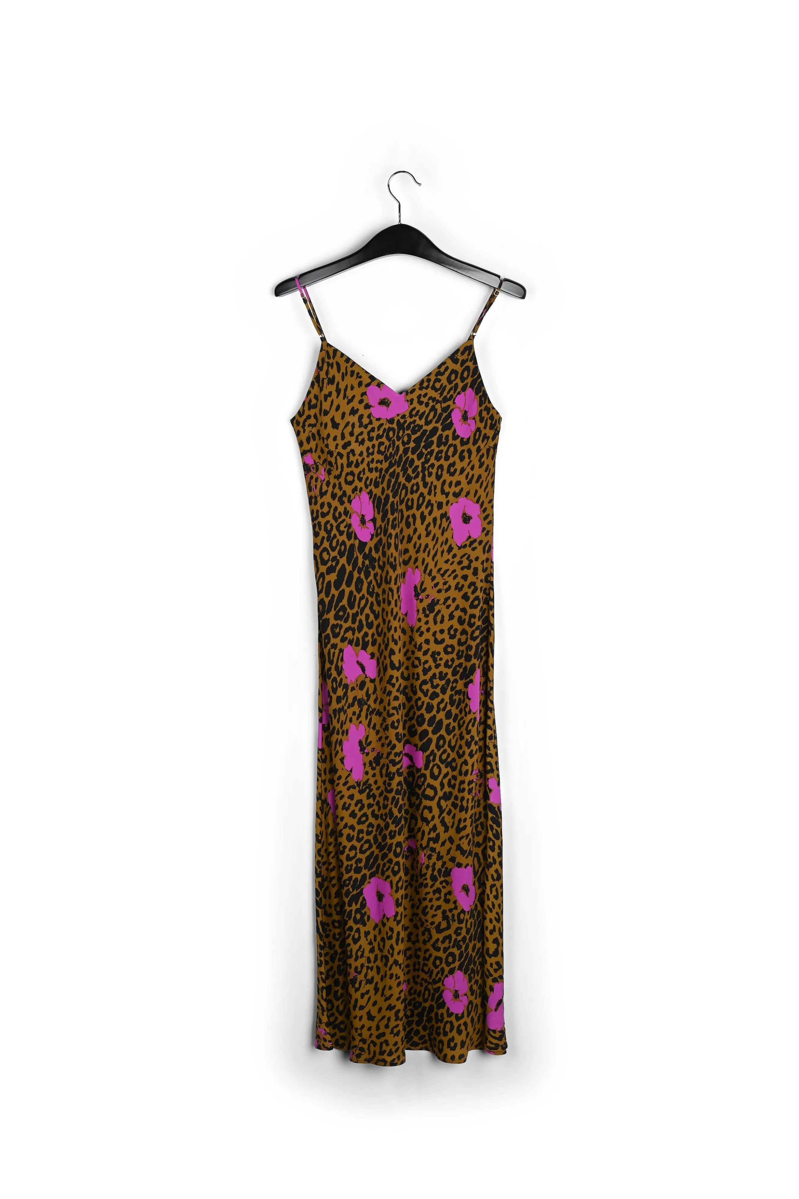 Pink flowers and leopard print midi slip dress