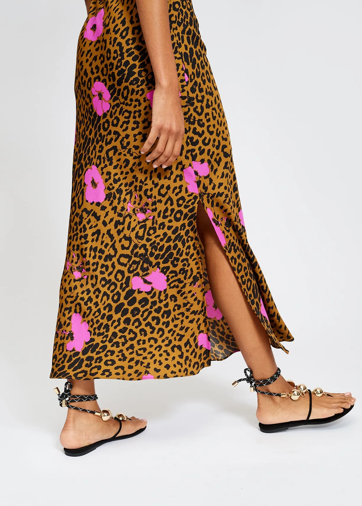 Pink flowers and leopard print midi slip dress