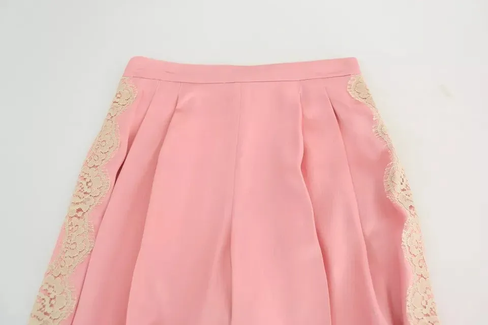 Pink Lace Trimmed Silk Satin Wide Legs Pants