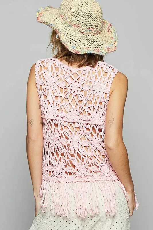 Pink Sleeveless Crochet Knit Cover Up