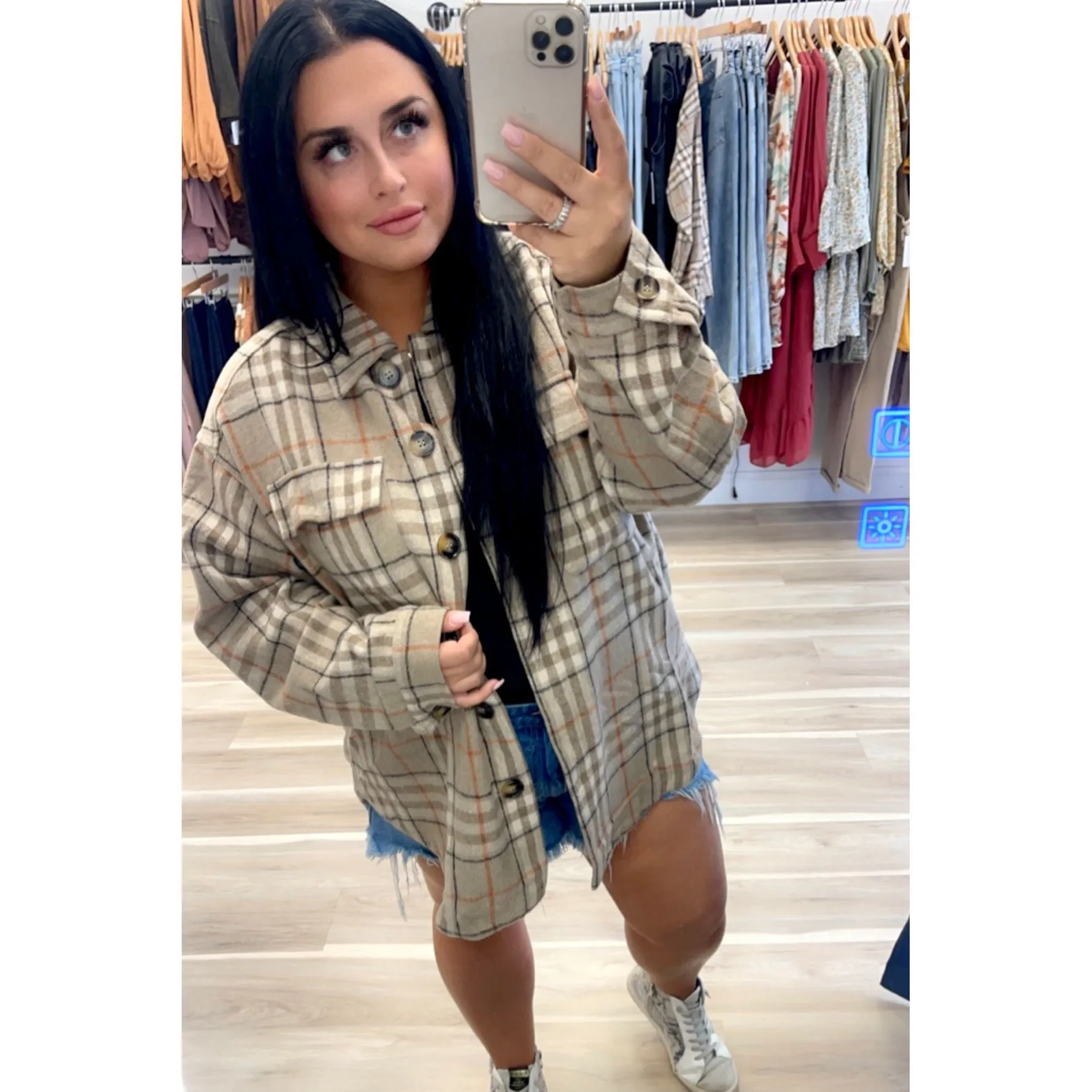 plaid taupe oversized shacket
