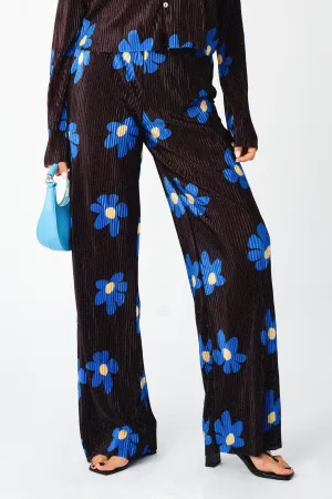 Plisse Solid Pleat Floral Print Wide Leg Culotte Trousers