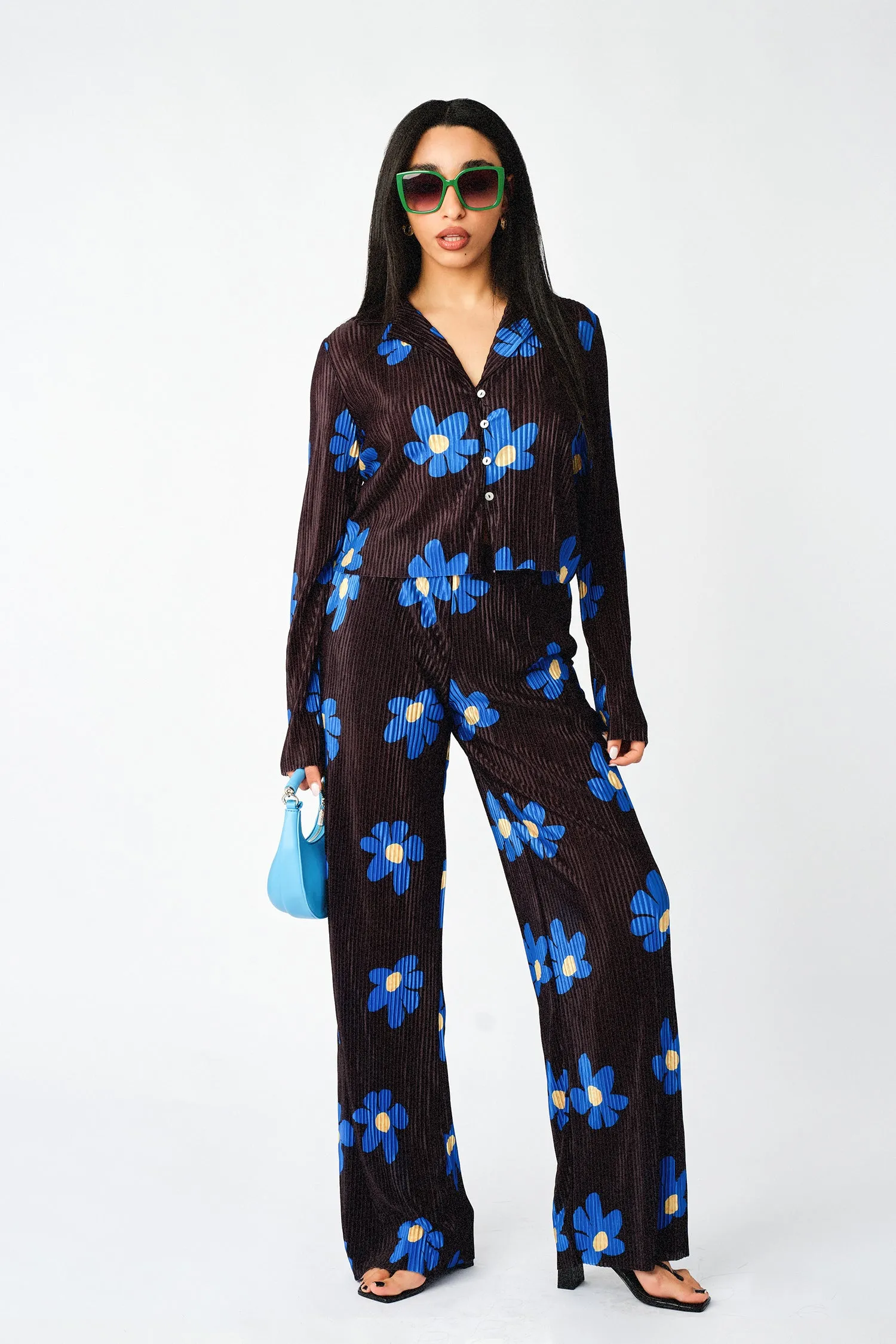 Plisse Solid Pleat Floral Print Wide Leg Culotte Trousers
