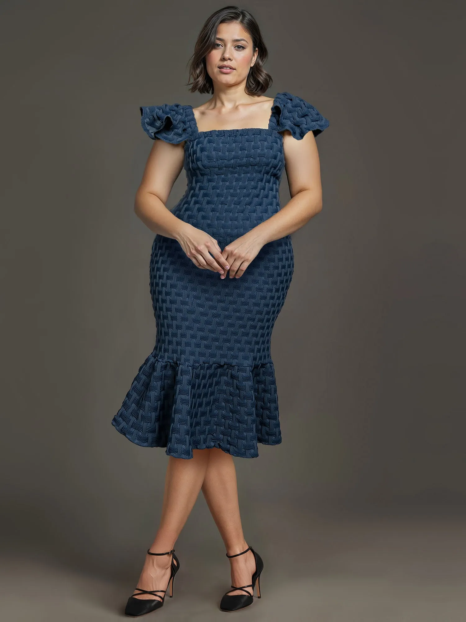 Plus Smocked Denim Flounce Sleeve Bodycon Dress