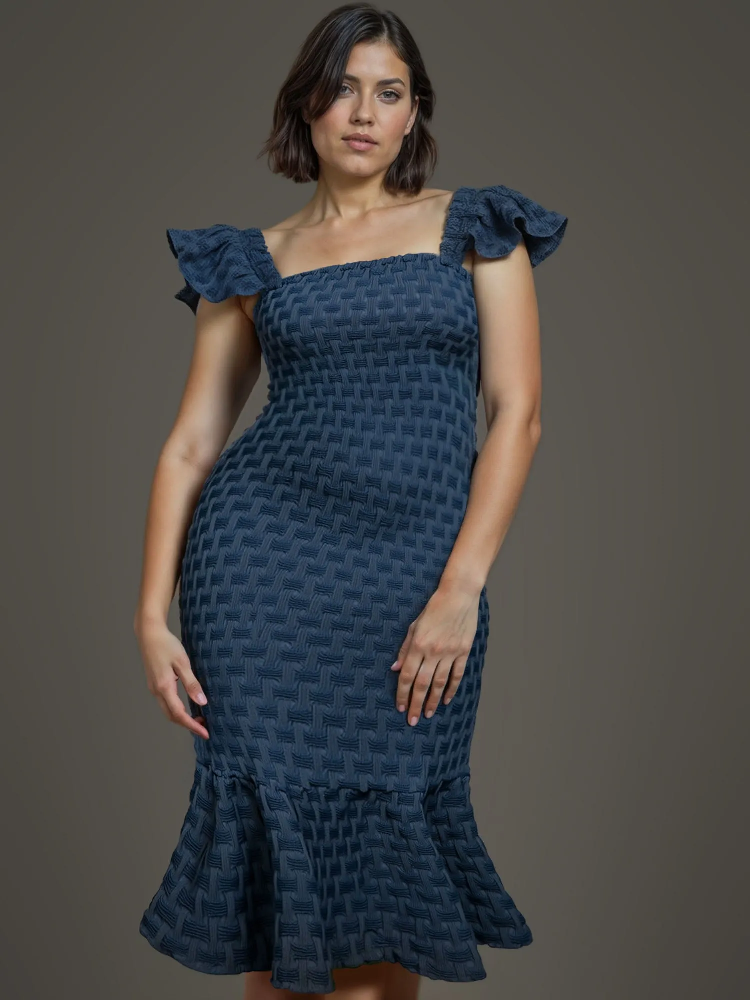 Plus Smocked Denim Flounce Sleeve Bodycon Dress