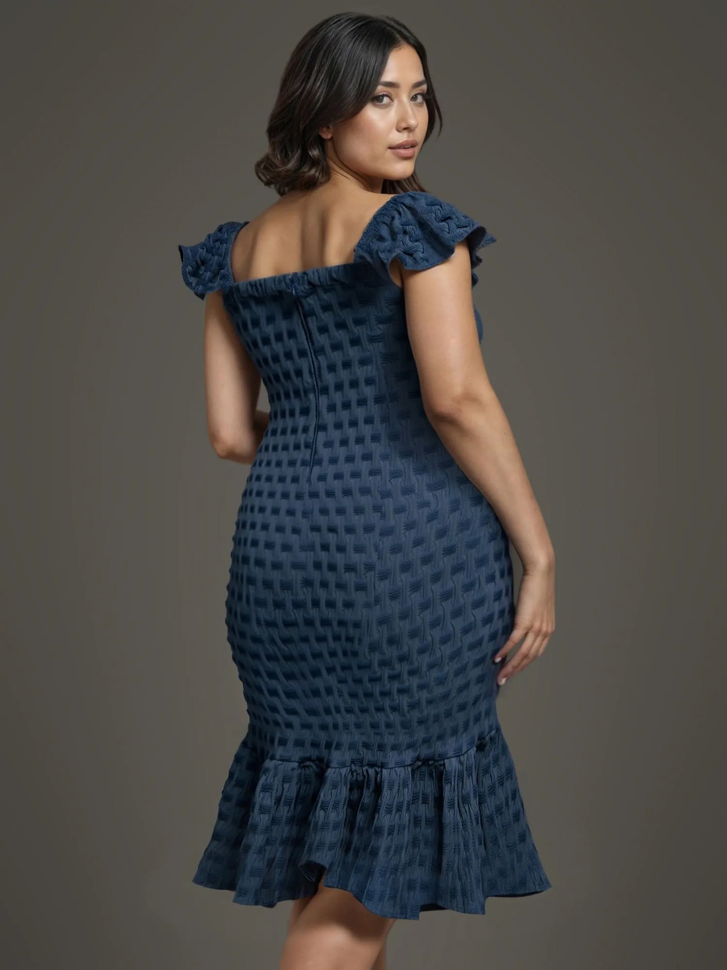 Plus Smocked Denim Flounce Sleeve Bodycon Dress