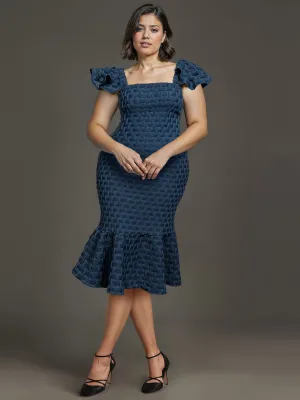Plus Smocked Denim Flounce Sleeve Bodycon Dress