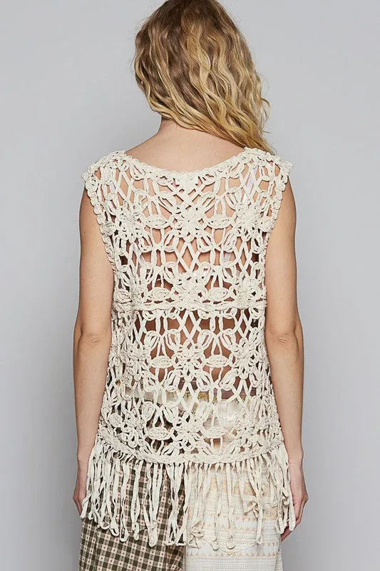 POL Fringe Round Neck Sleeveless Crochet Knit Cover Up