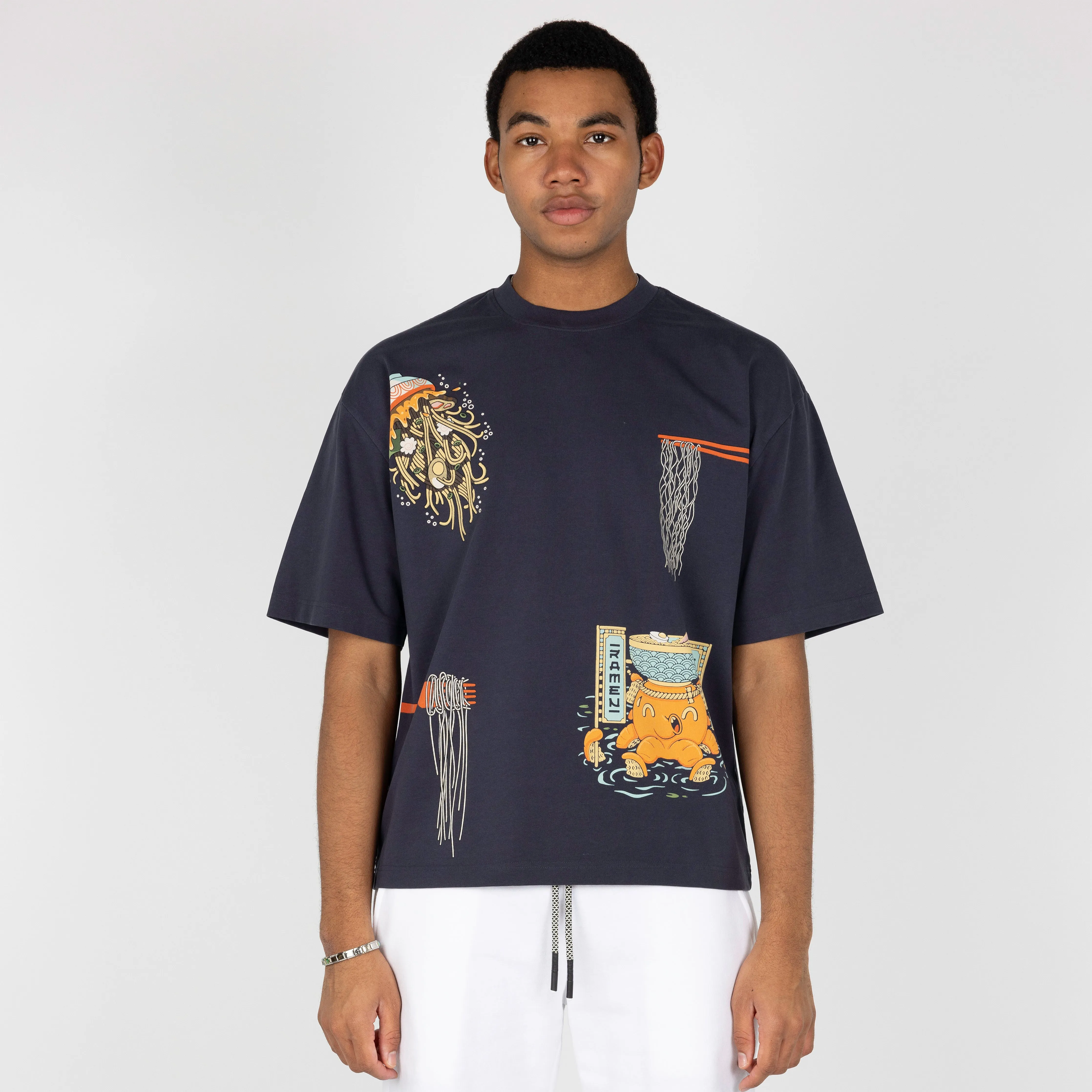Premium Heavy Cotton Boxy Fit Discharge Print Tee - Blue Nights / Ramen Temple