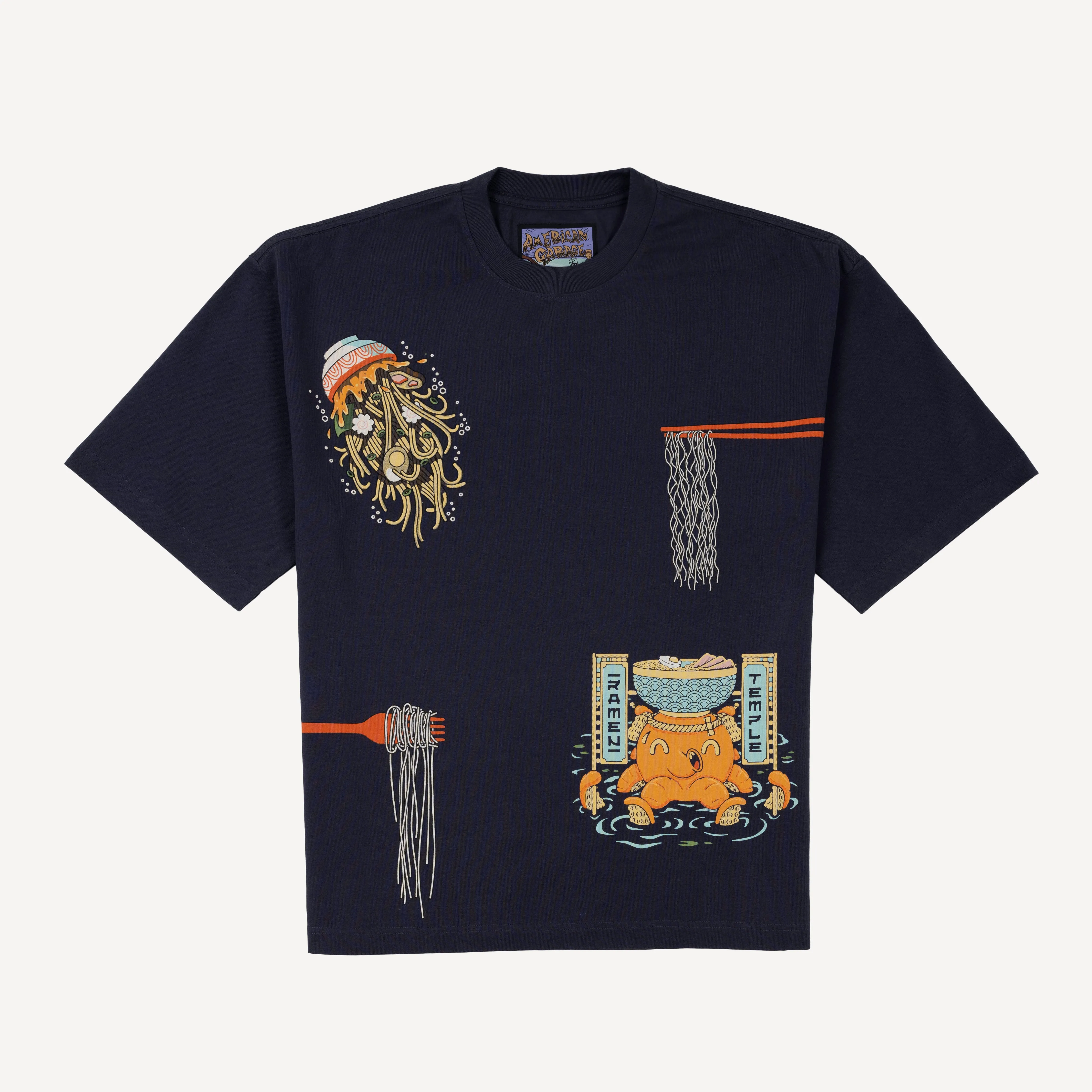 Premium Heavy Cotton Boxy Fit Discharge Print Tee - Blue Nights / Ramen Temple
