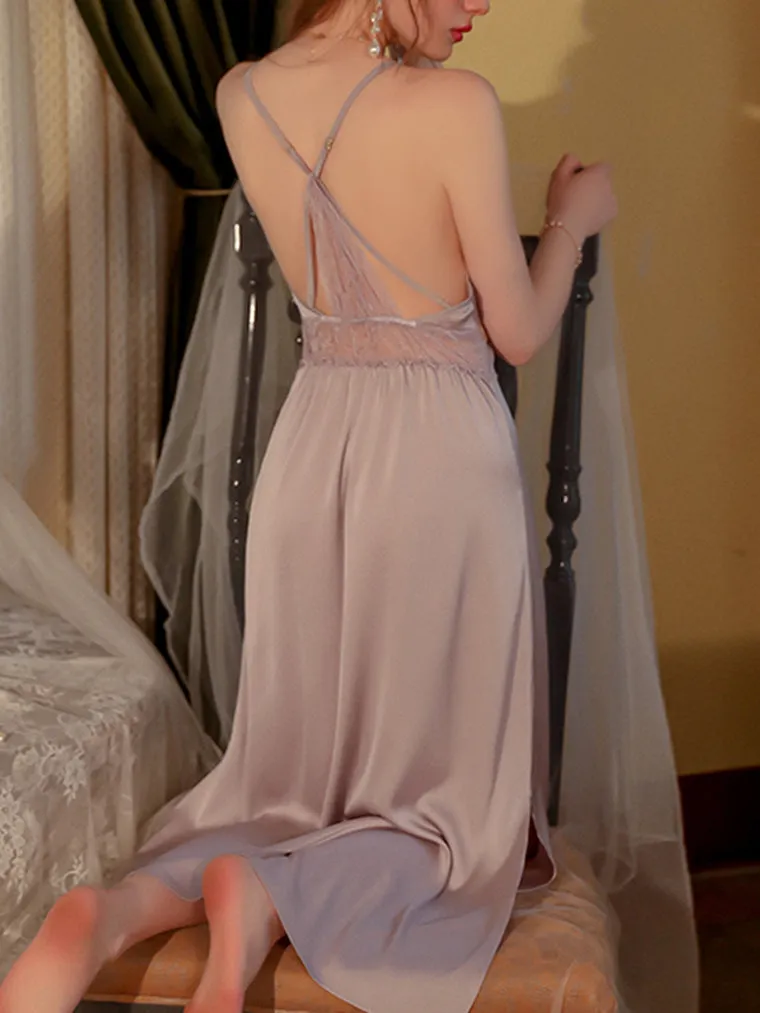 Purple Mesh Fold Cage Back Slits Midi Slip
