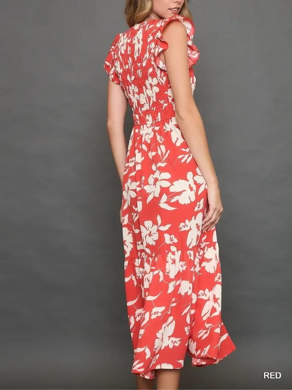 Red Floral Print Smocked Midi Dress