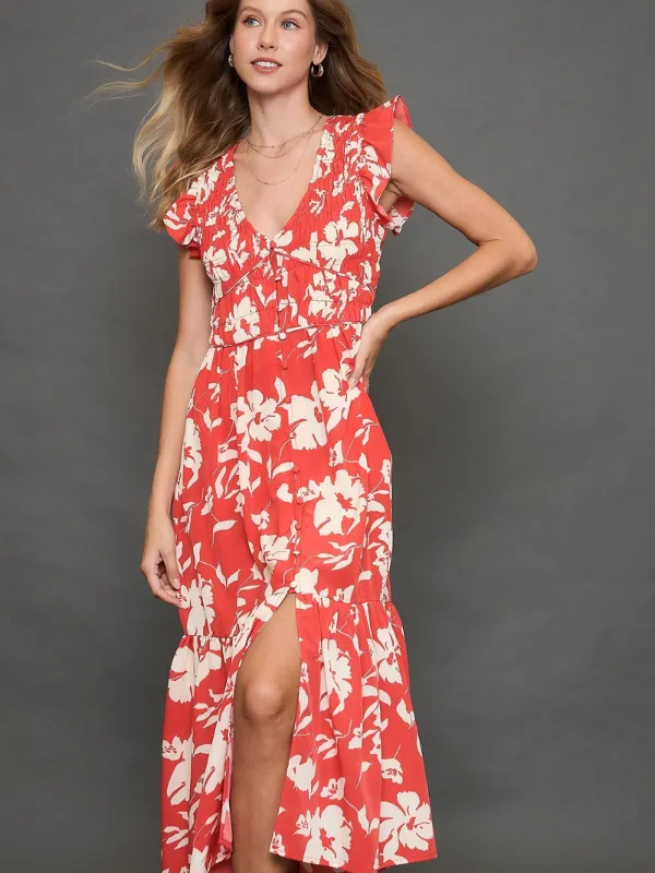 Red Floral Print Smocked Midi Dress