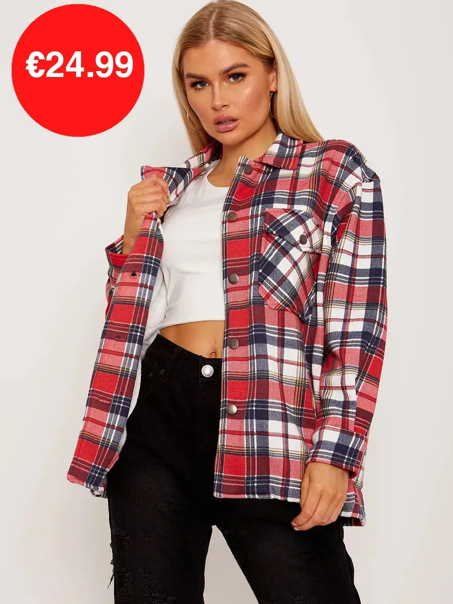 Red Oversized Checked Shirt Jacket