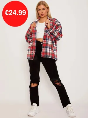 Red Oversized Checked Shirt Jacket