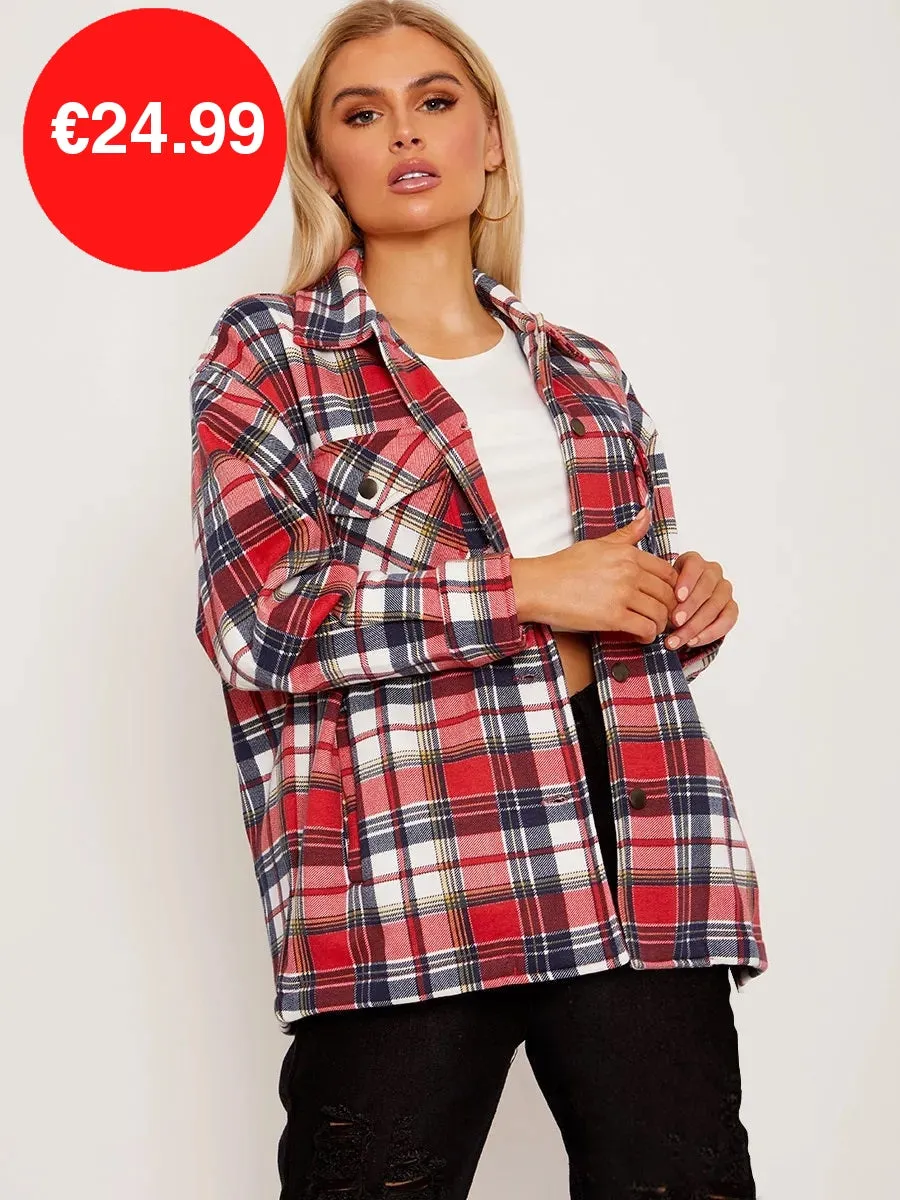 Red Oversized Checked Shirt Jacket
