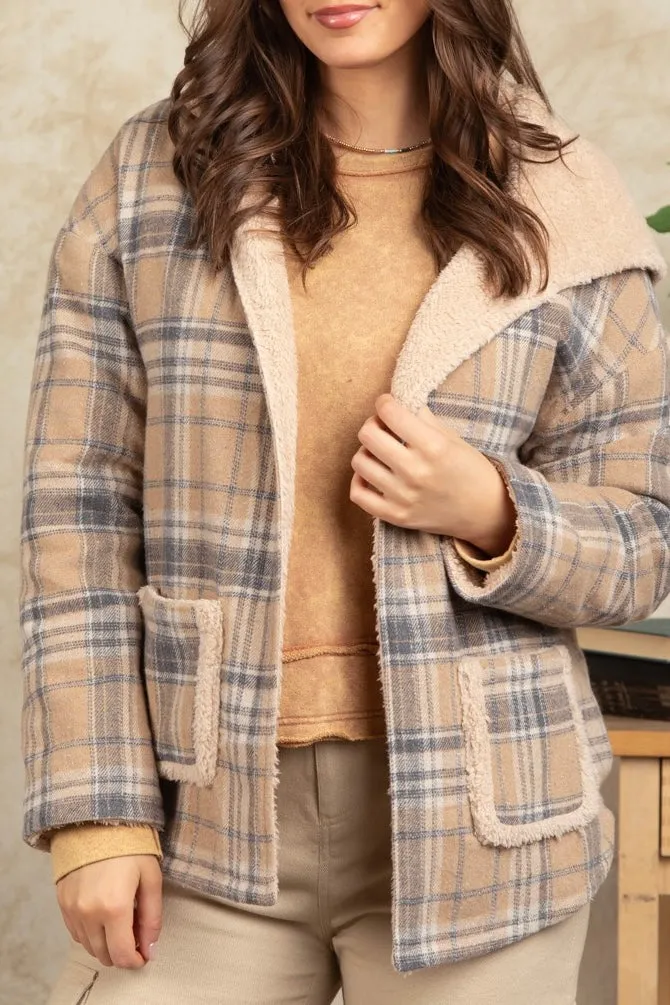 reversible flannel   plush shacket taupe mix