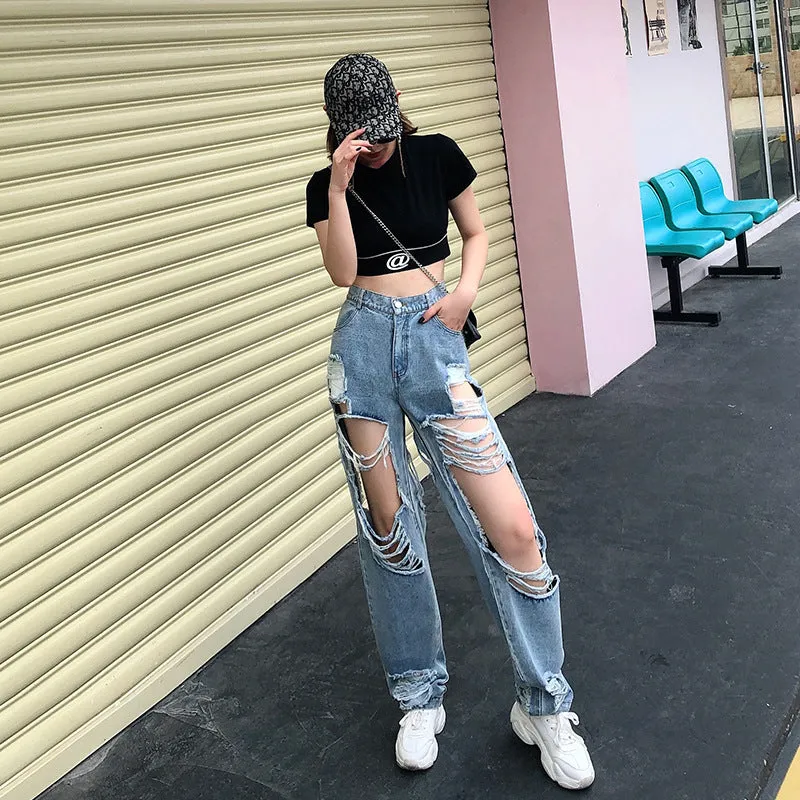 Ripped exposed leg casual wide-leg jeans