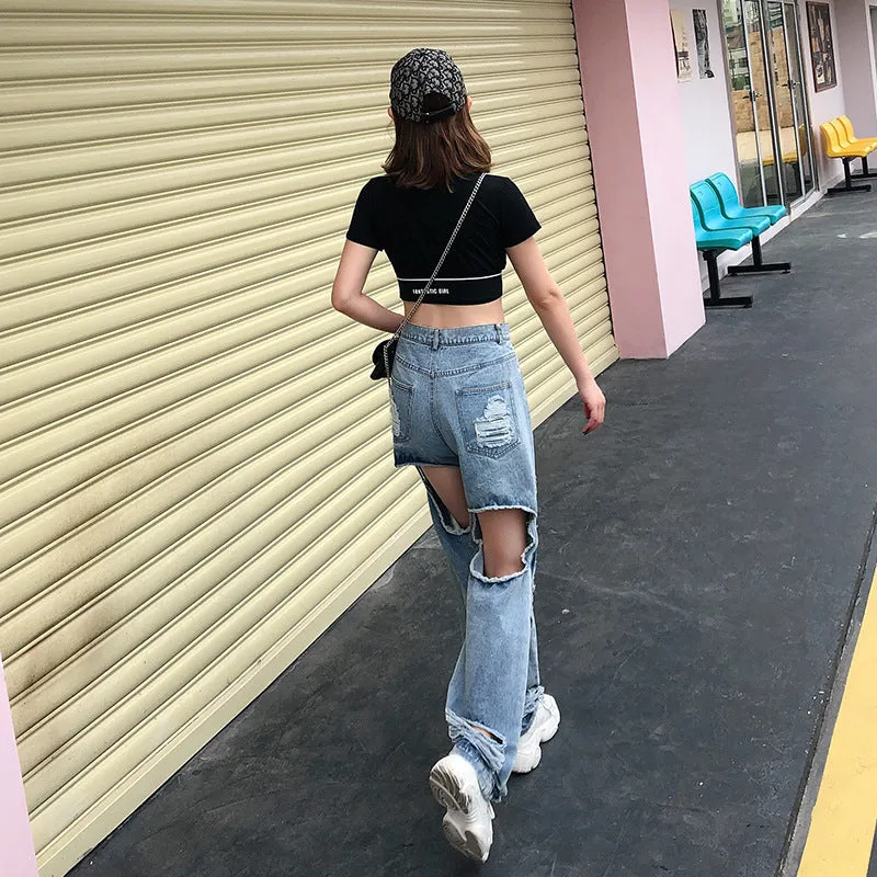 Ripped exposed leg casual wide-leg jeans