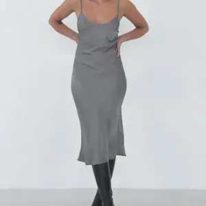 Rumored Simple Minimalistic Midi 90's Satin Slip Dress in Gunmetal Grey Large