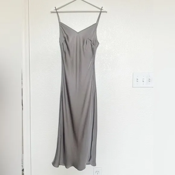 Rumored Simple Minimalistic Midi 90's Satin Slip Dress in Gunmetal Grey Large