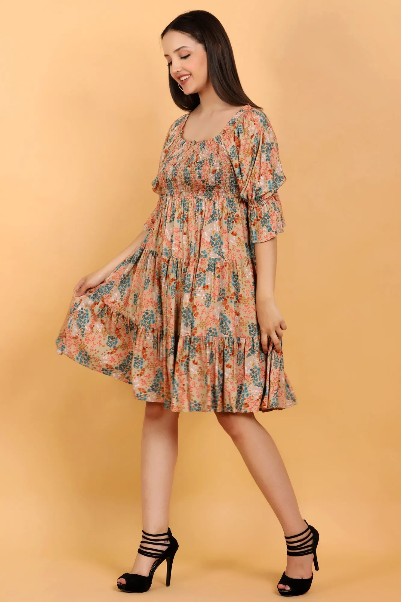 Sage Meadow Floral Printed Smocked Tiered Midi Dress