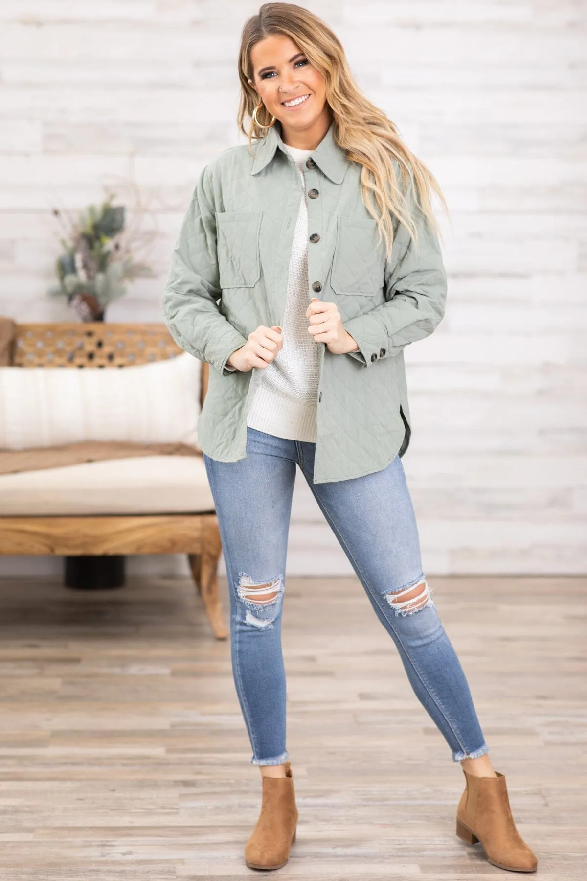 Sage Quilted Dolphin Hem Shacket