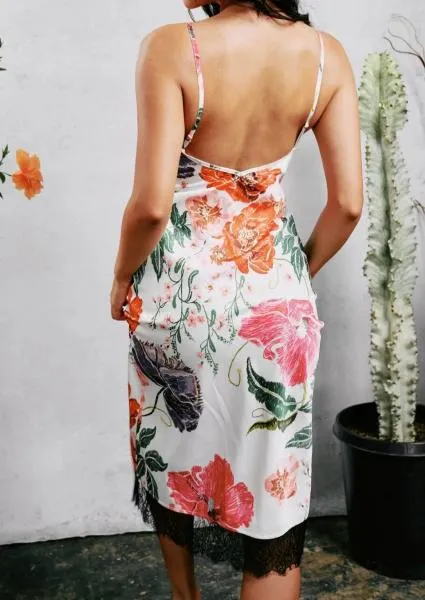 Satin Midi Slip - Embroidered Floral Print -