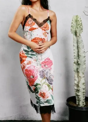 Satin Midi Slip - Embroidered Floral Print -