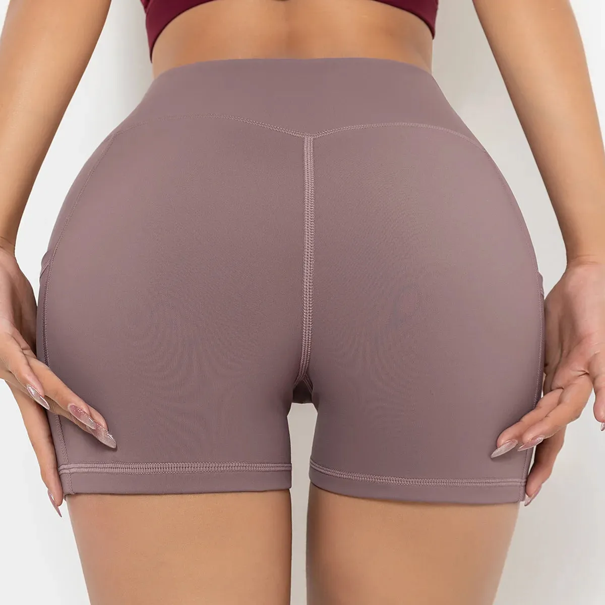 Seamless High Waist Yoga Shorts with Pockets - Tummy Control Running Workout Shorts