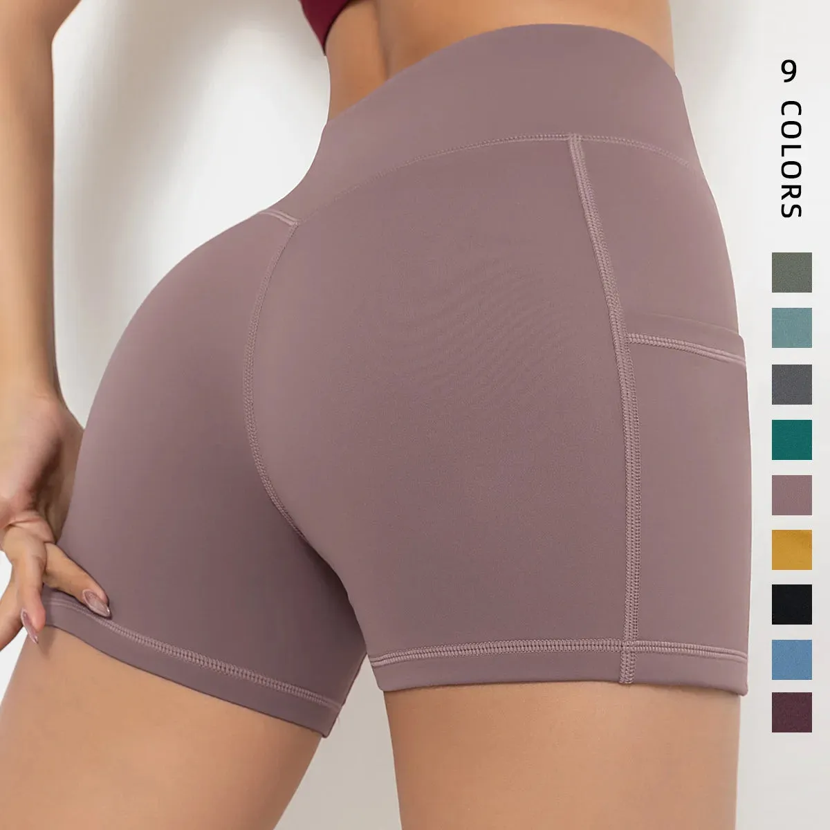 Seamless High Waist Yoga Shorts with Pockets - Tummy Control Running Workout Shorts