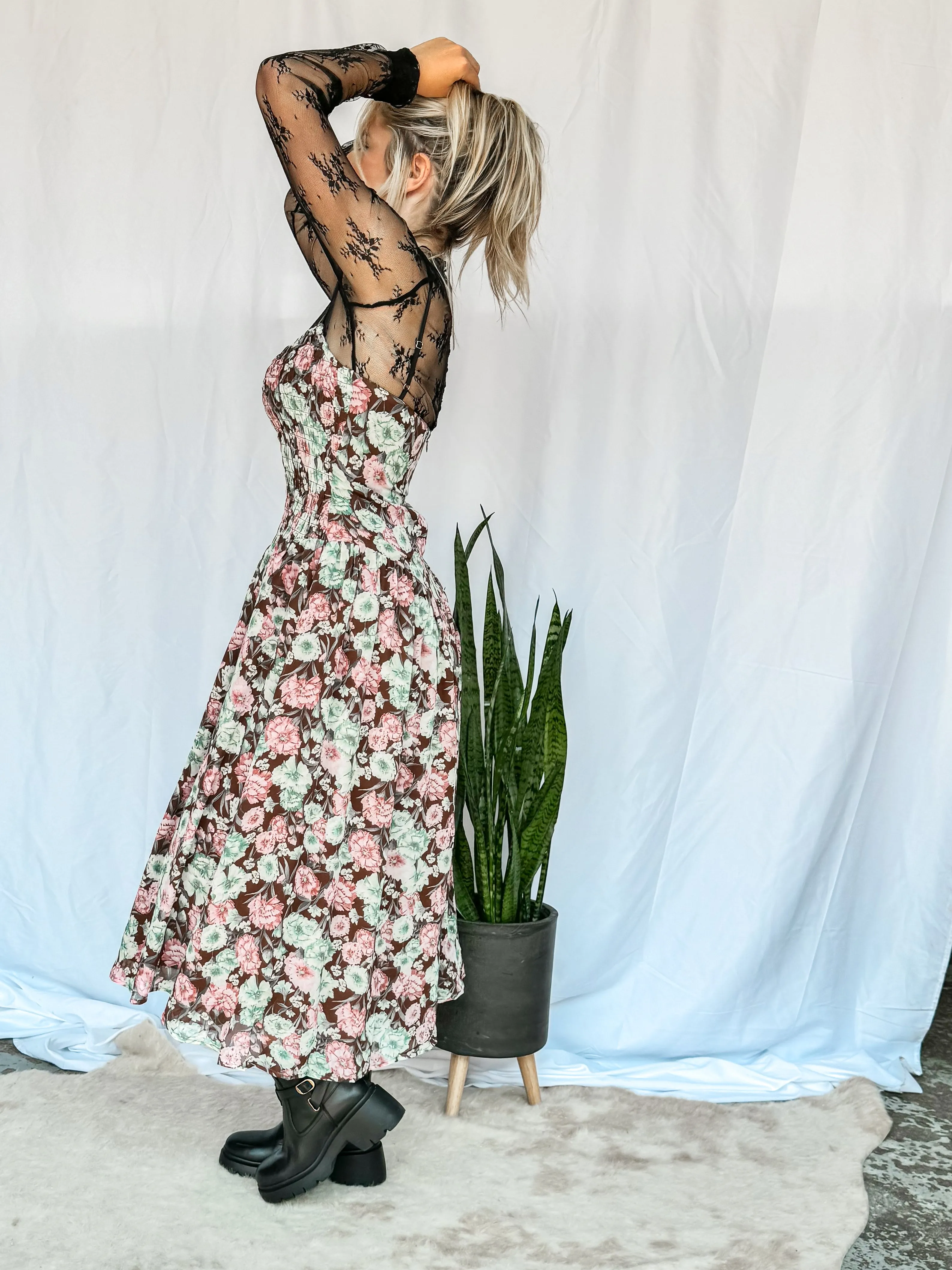 Shawna Floral Smocked Flare Midi Dress ~ Pink/Green