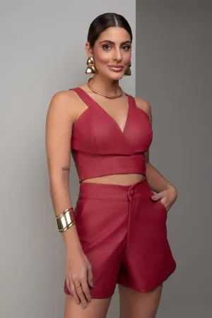 Short De Couro Vermelho Com Cós Diferenciado Frysaide