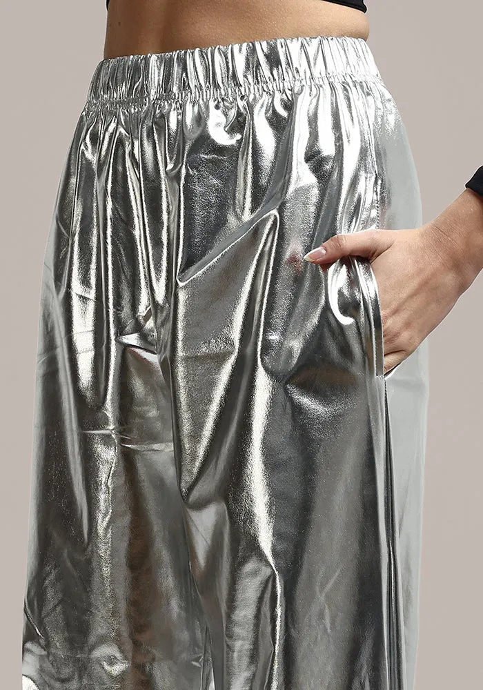 Silver Metallic Wide Leg Trousers