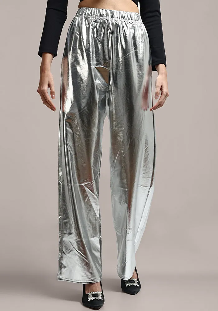 Silver Metallic Wide Leg Trousers